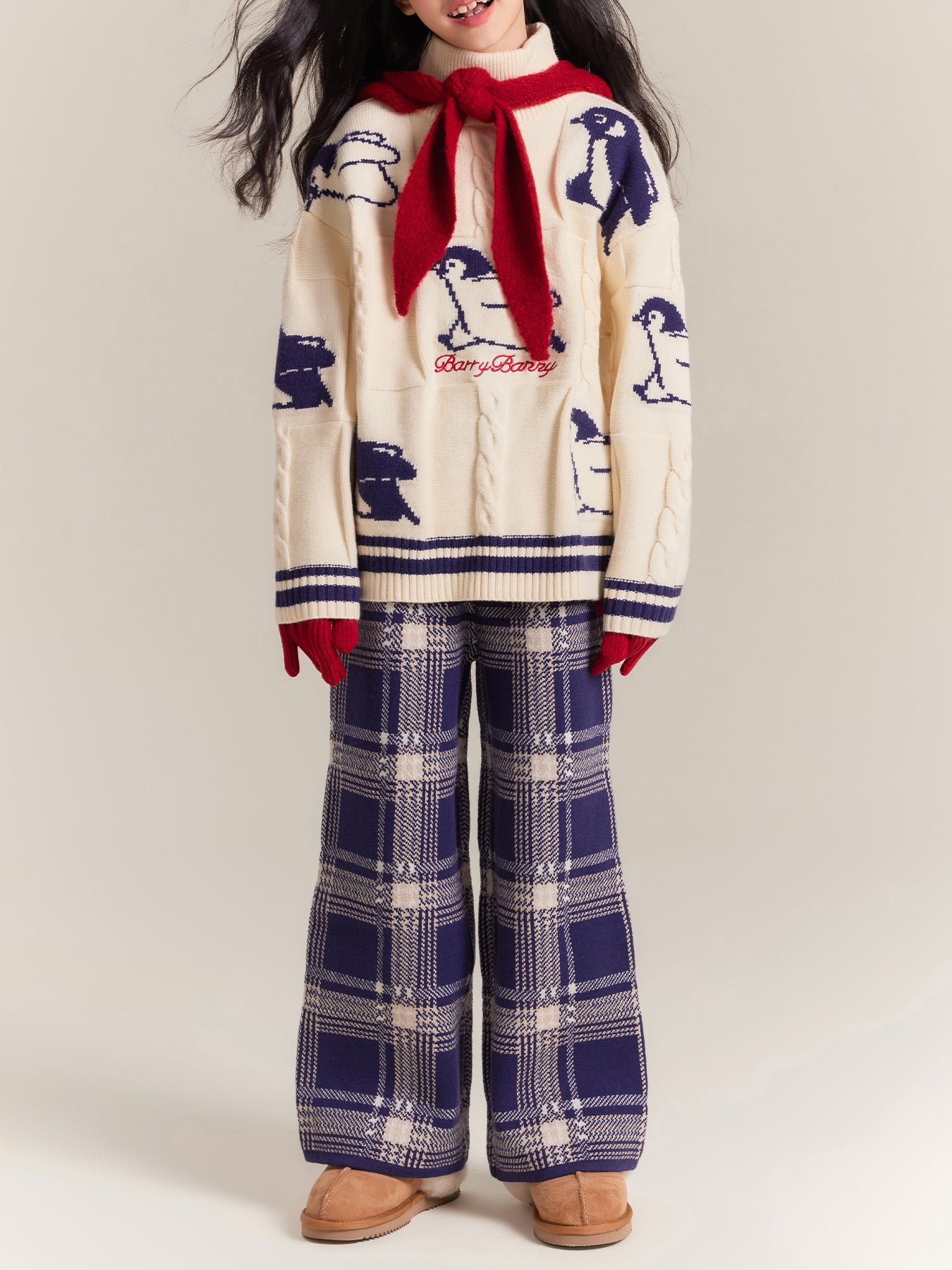 Kids Penguin Knit Sweater & Plaid Trousers Set