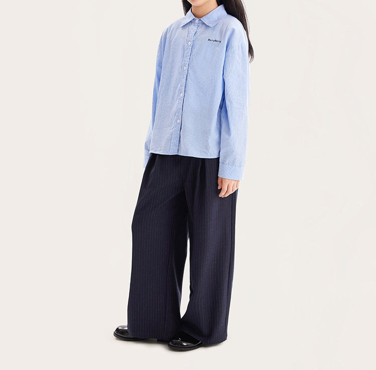 Girls Blue Cotton Long Sleeve Button Down Shirt