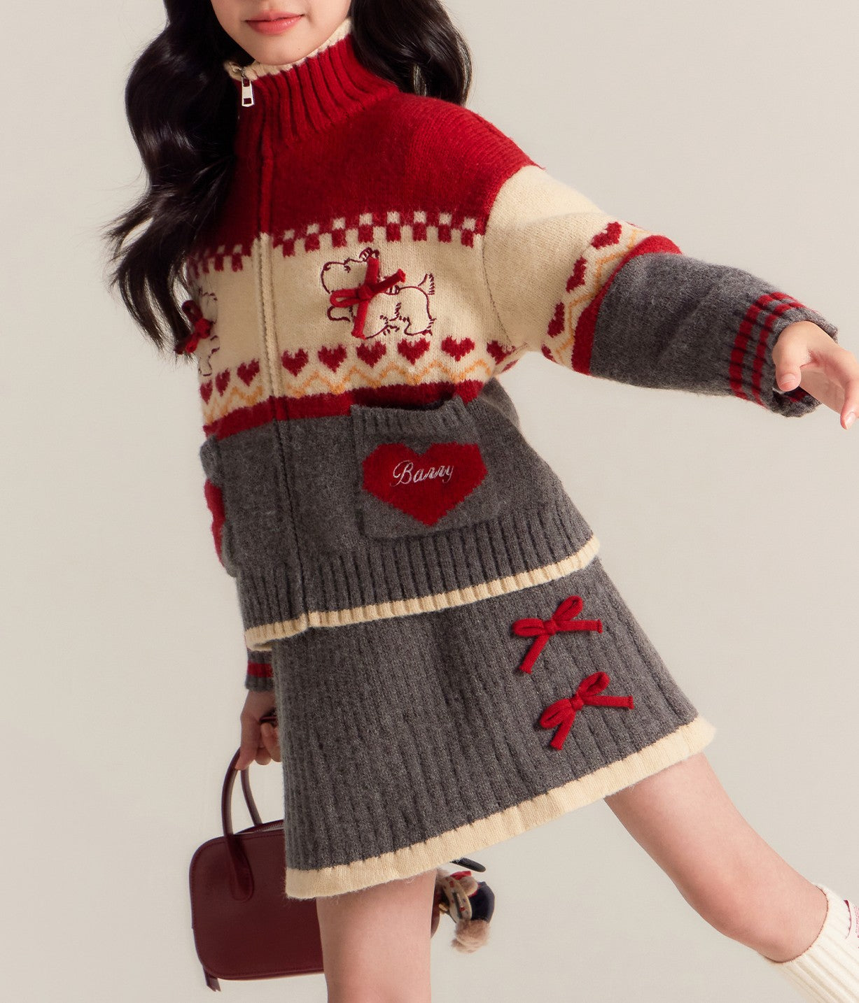 Kids' Cozy Knit Cardigan and Skirt Set with High Collar