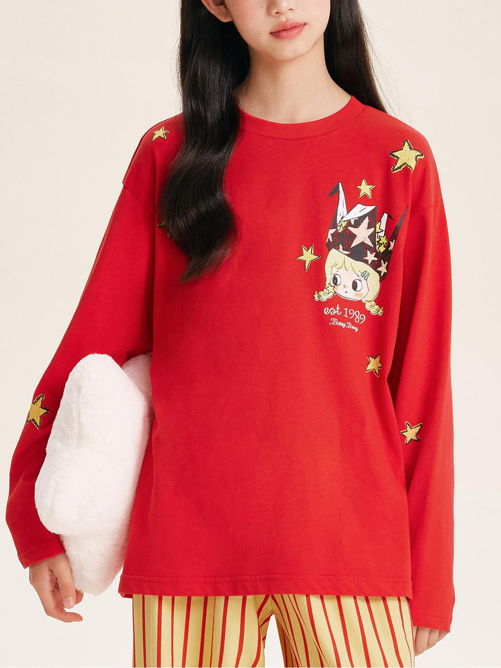 Girls Red Pullover Crewneck Cotton Long Sleeve Top