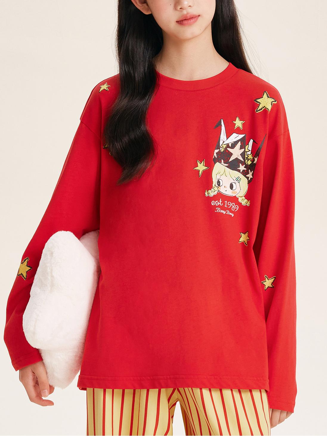 Girls Red Pullover Crewneck Cotton Long Sleeve Top
