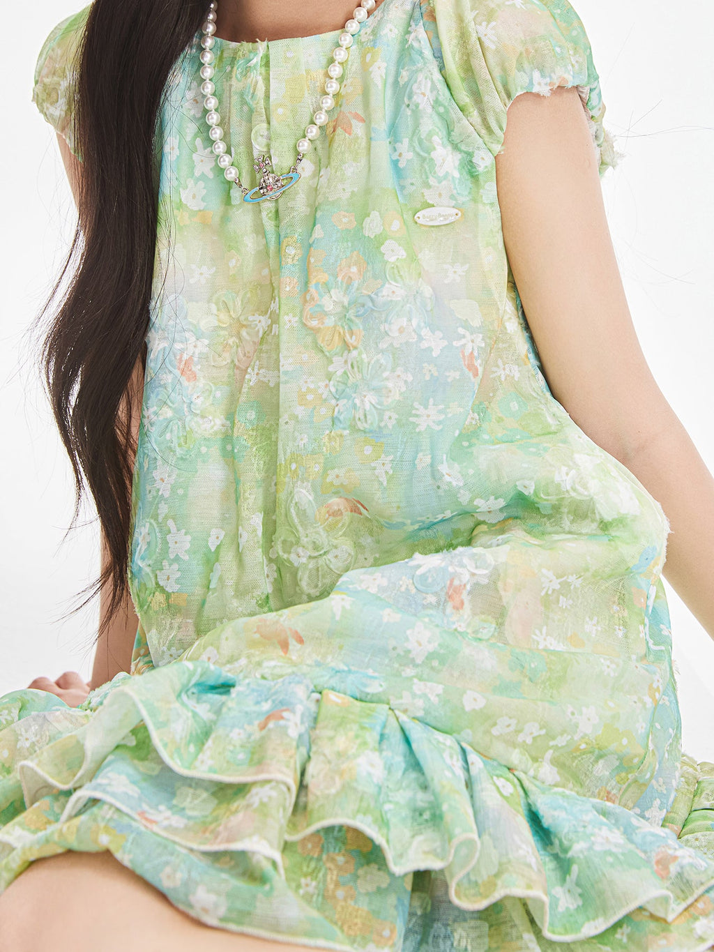 Girls Floral Puff Sleeve Holiday Dress with Scarf