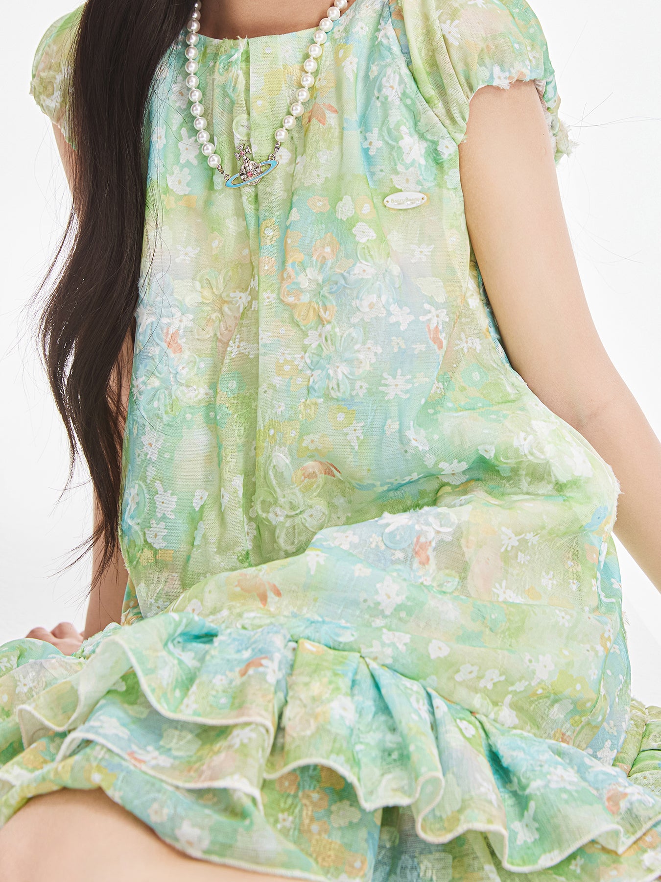 Girls Floral Puff Sleeve Holiday Dress with Scarf