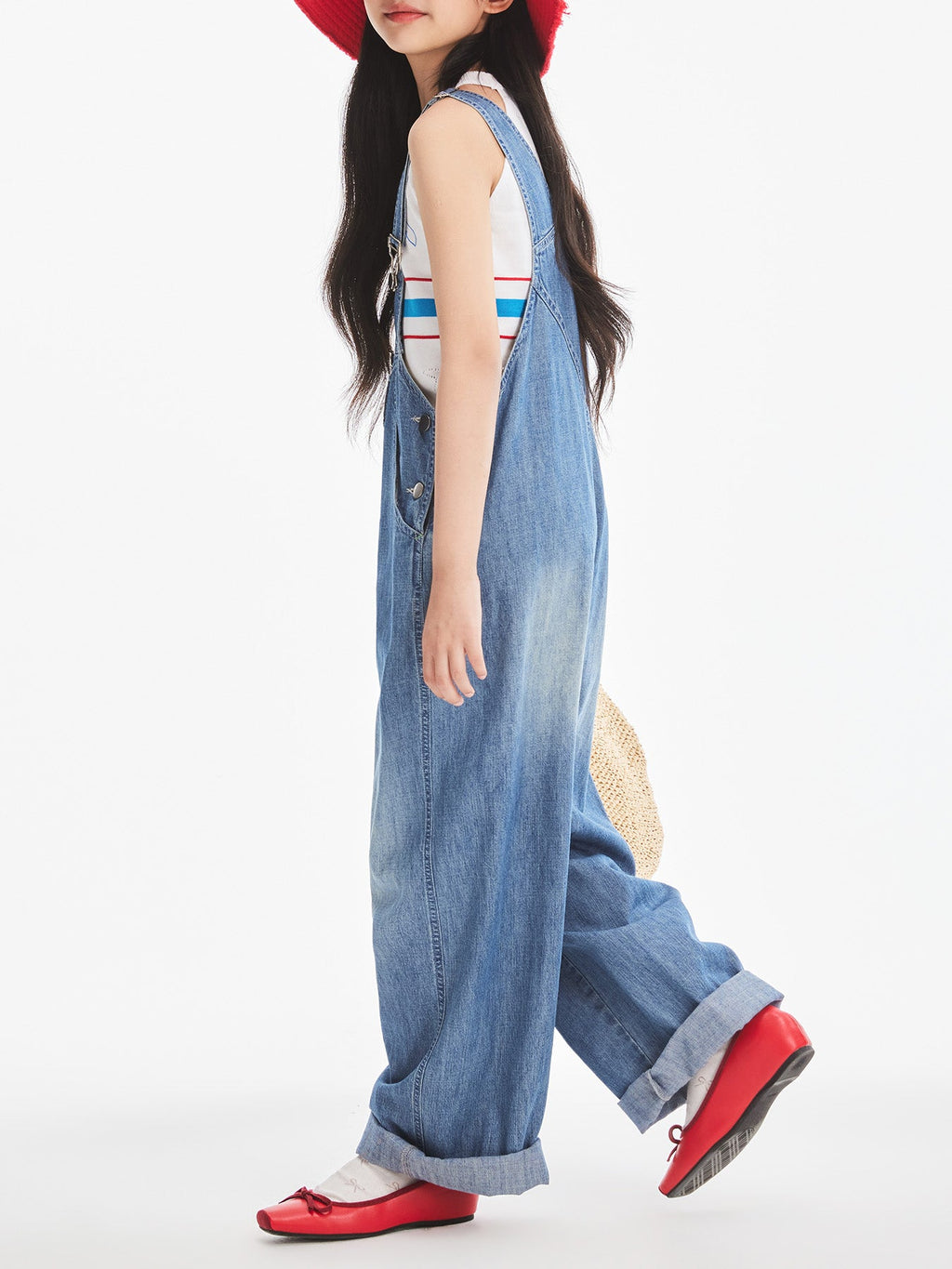Girls Classic Cotton Denim Overalls Wide Leg Jumpsuit