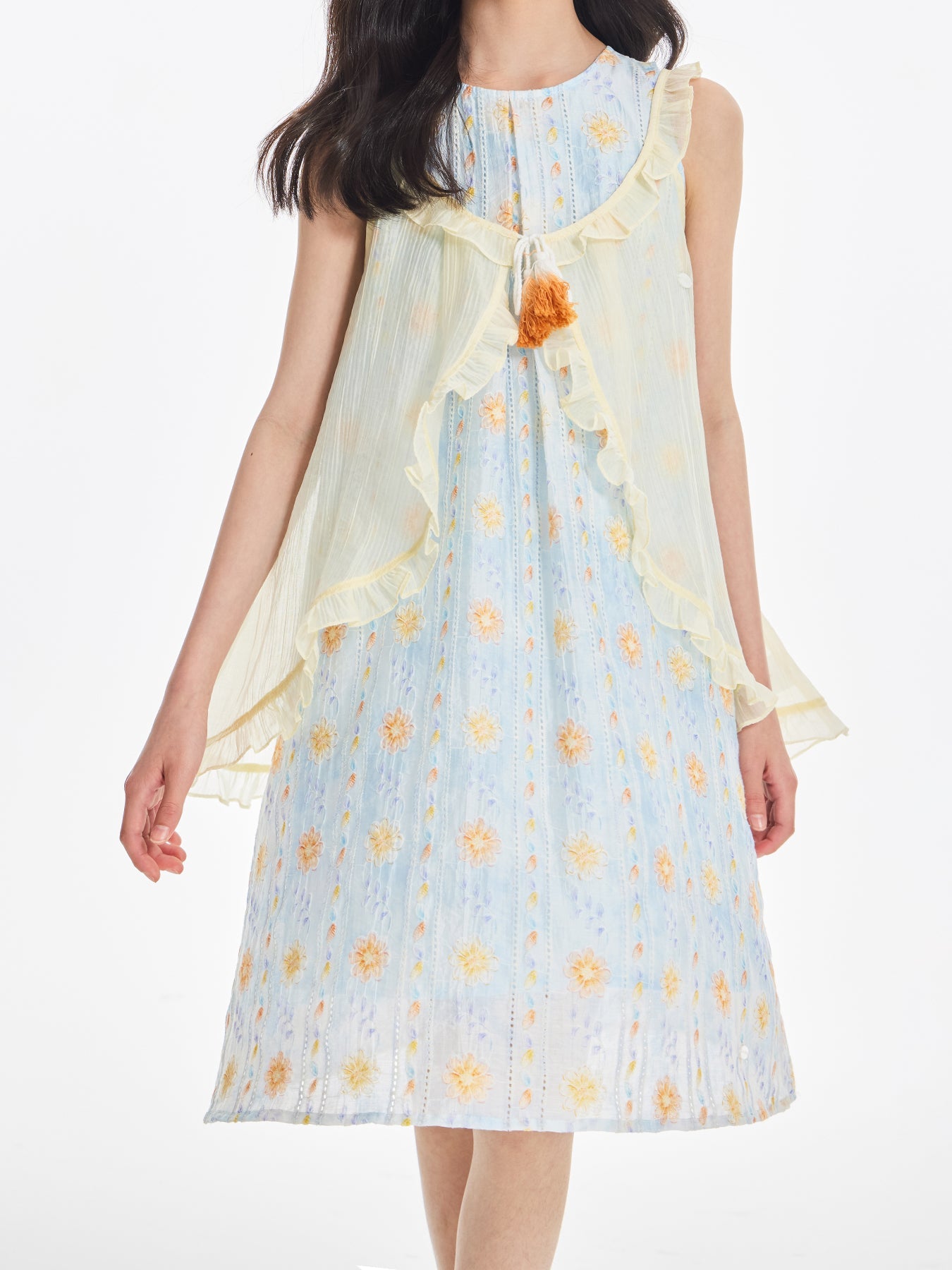 Girls Sleeveless Floral Dress with Ruffle