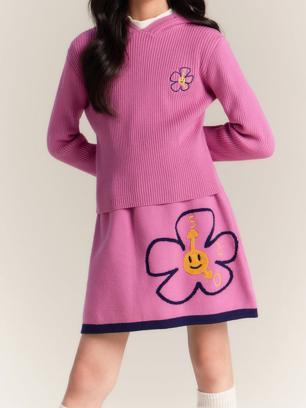 Girls Pink Hoodie Knit Top and Skirt Set