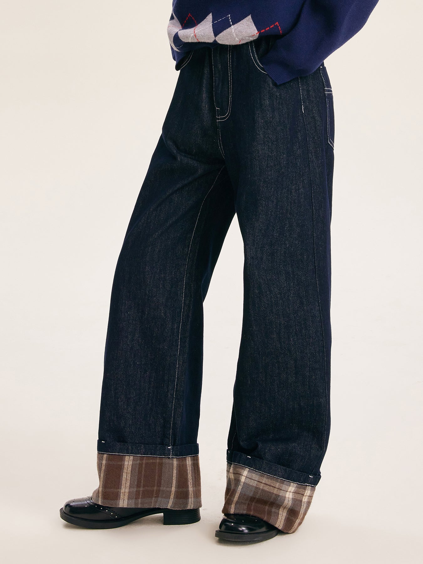 Girls' Fashion Wide Leg Pants Casual Plaid Cuff Jeans