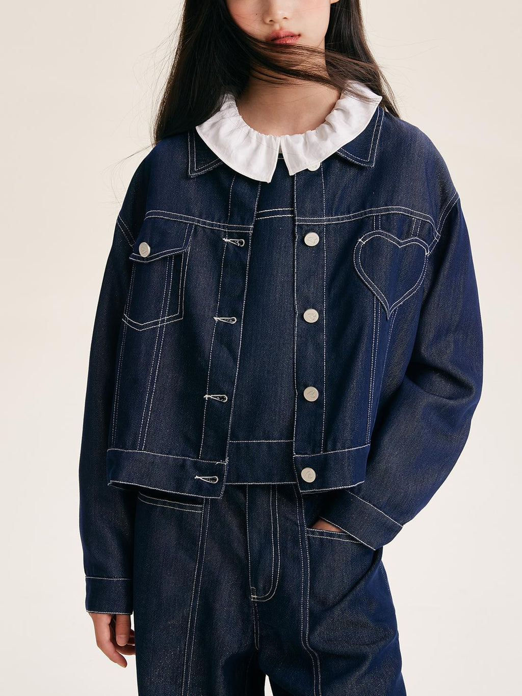 Girls Denim Jacket with Heart Pocket and Button Front