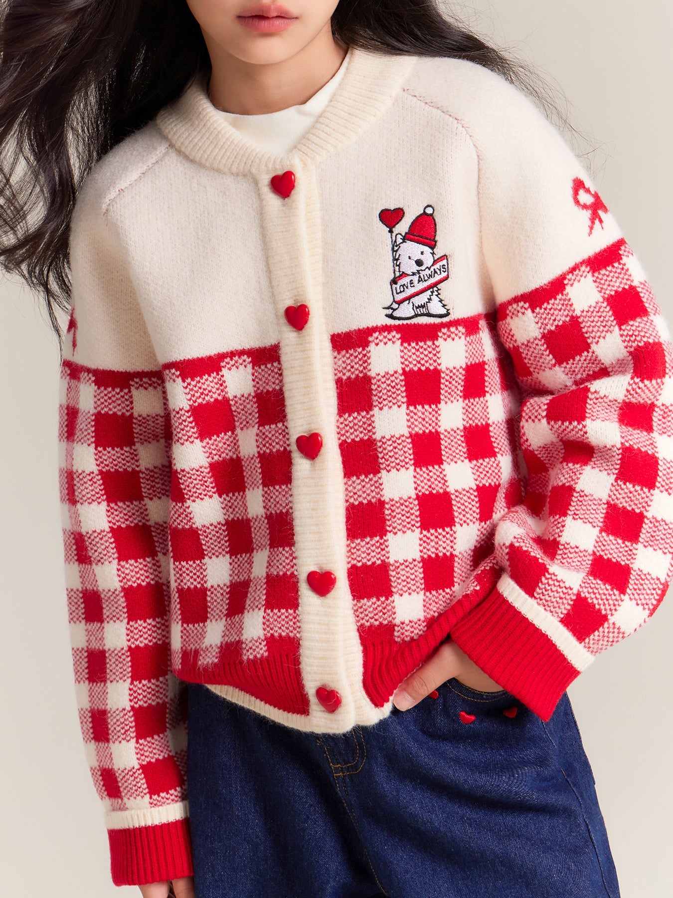 Girls Red Plaid Knit Cardigan Sweater with Heart Buttons