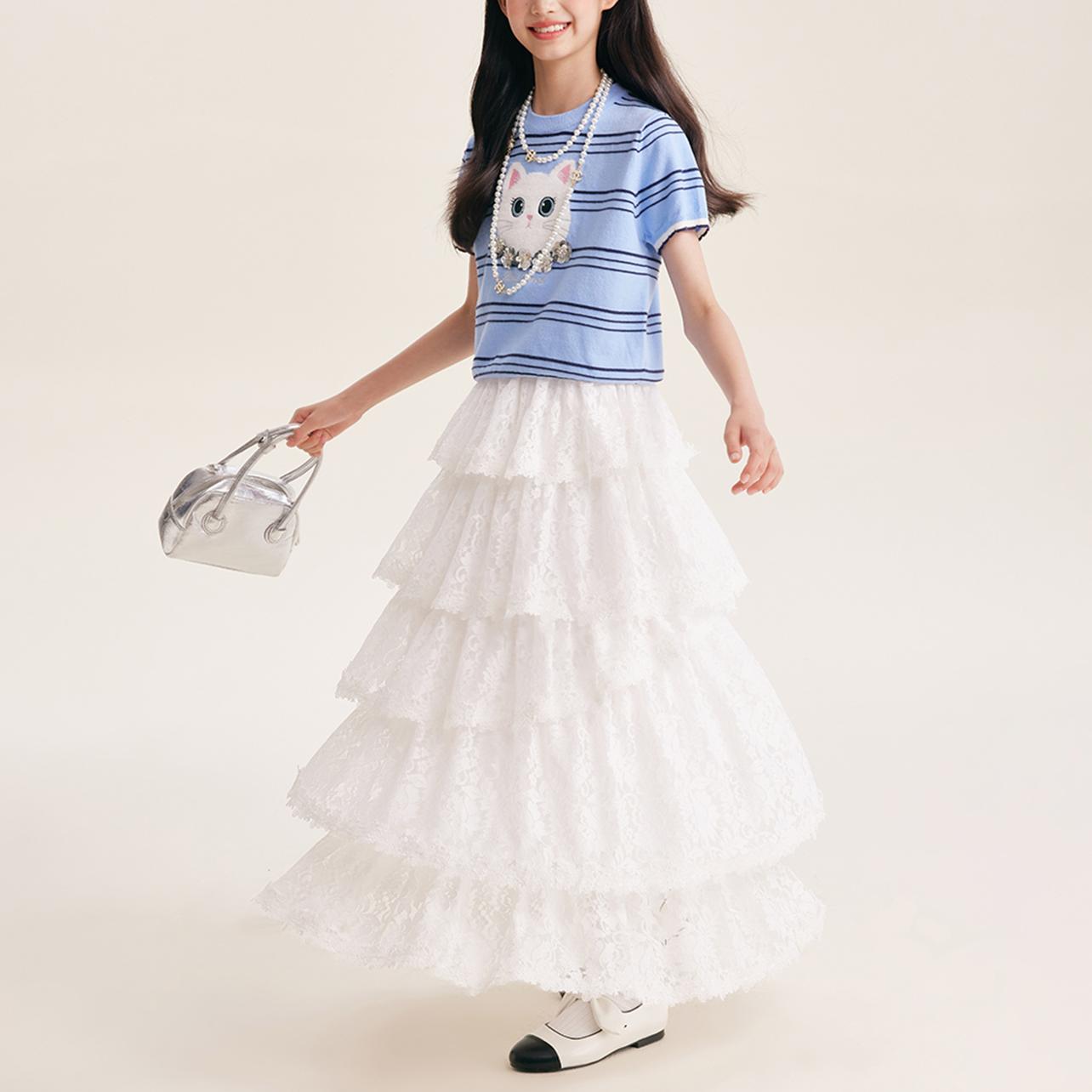 Lace Tiered Skirt for Girls – Elegant White Cake Dress