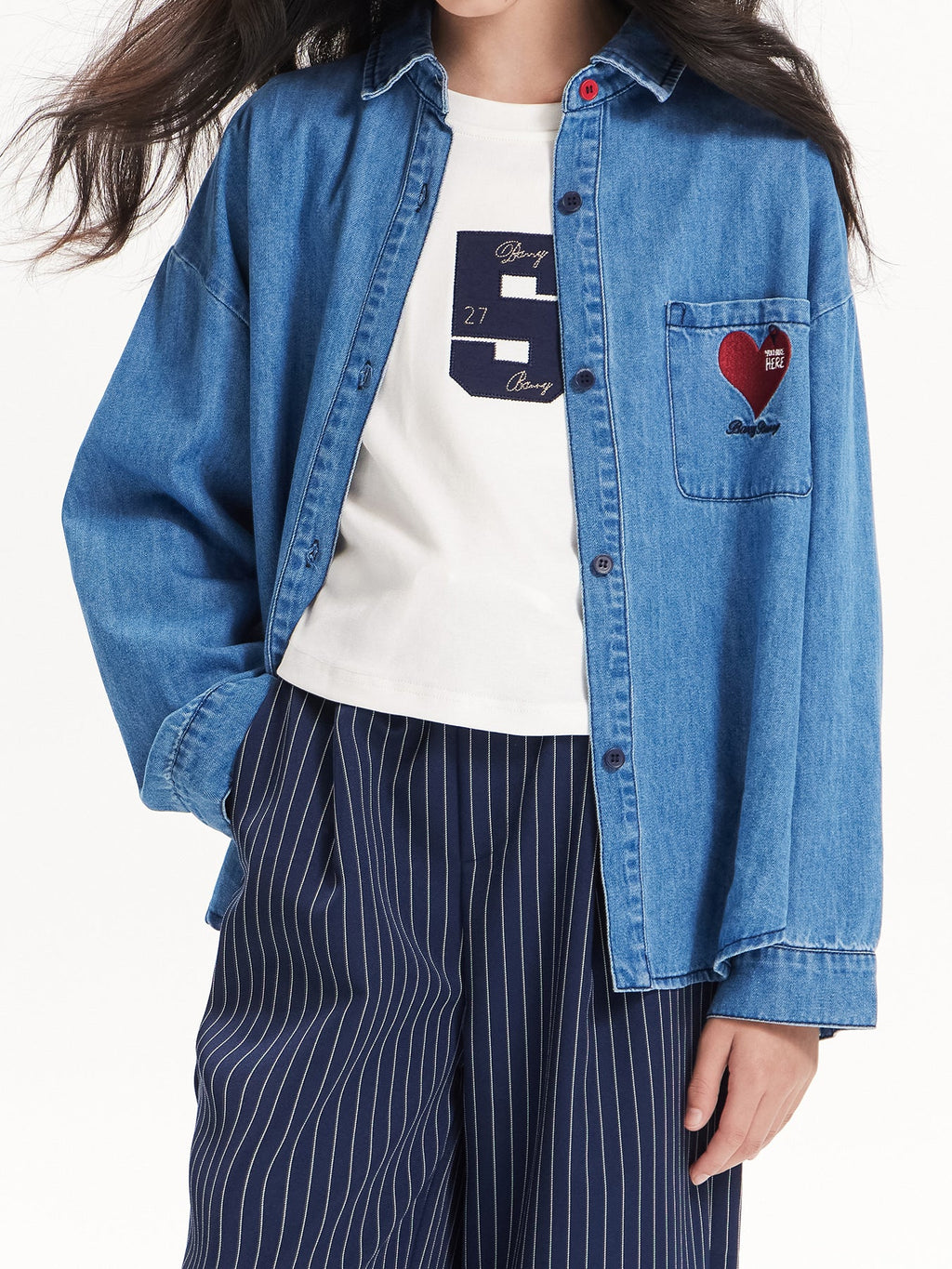 Girls Denim Heart Embroidered Shirt Jacket – Blue Classic