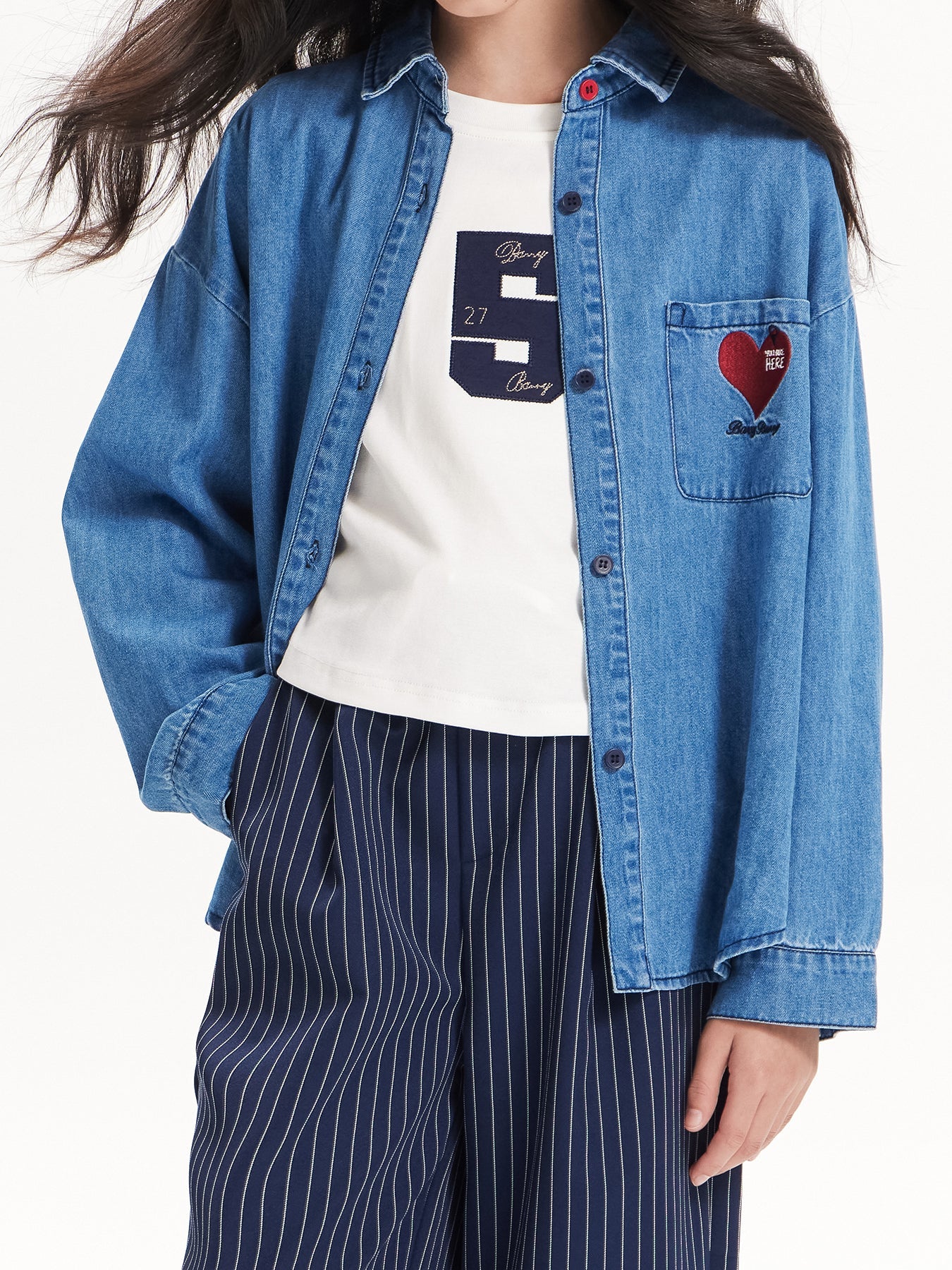 Girls Denim Heart Embroidered Shirt Jacket – Blue Classic