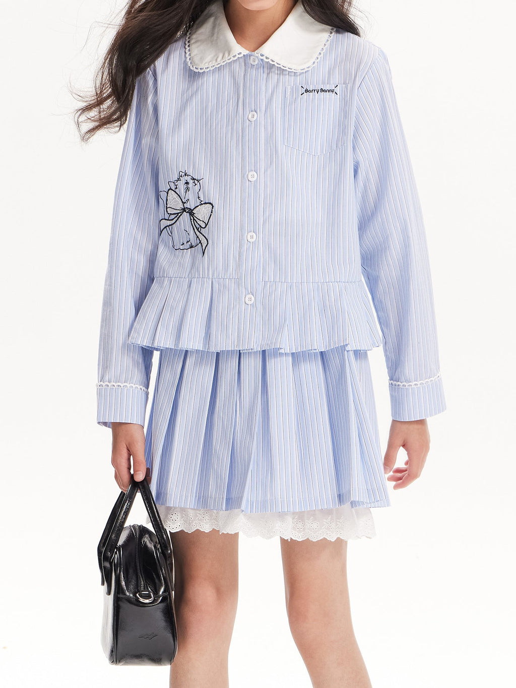 Girls Striped Doll Collar Embroidered Cat Set