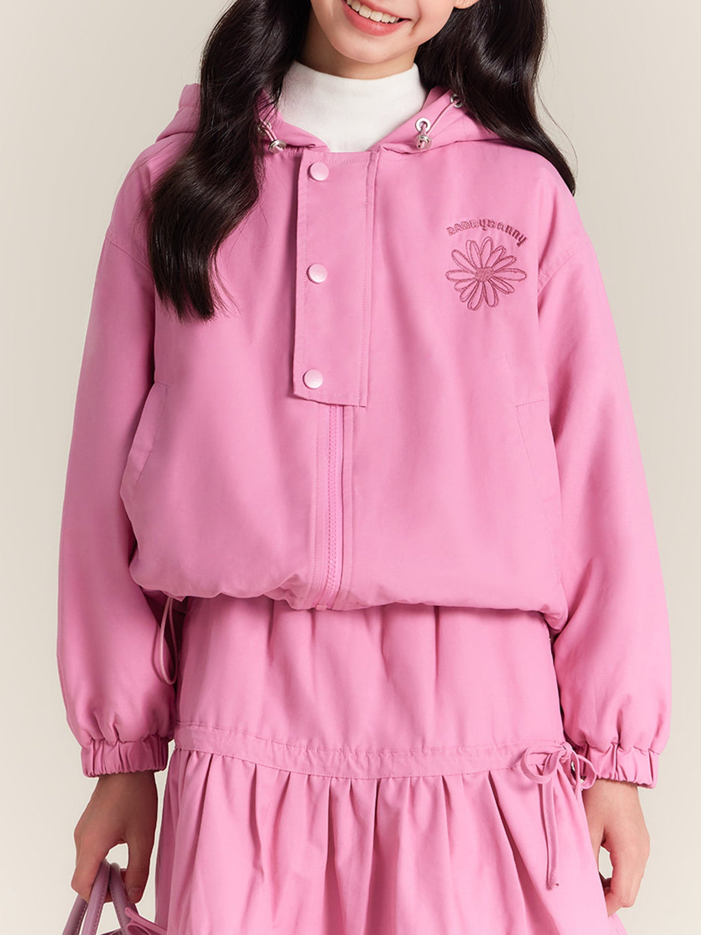 Girls Hooded Jacket with Sunflower Embroidery Pink
