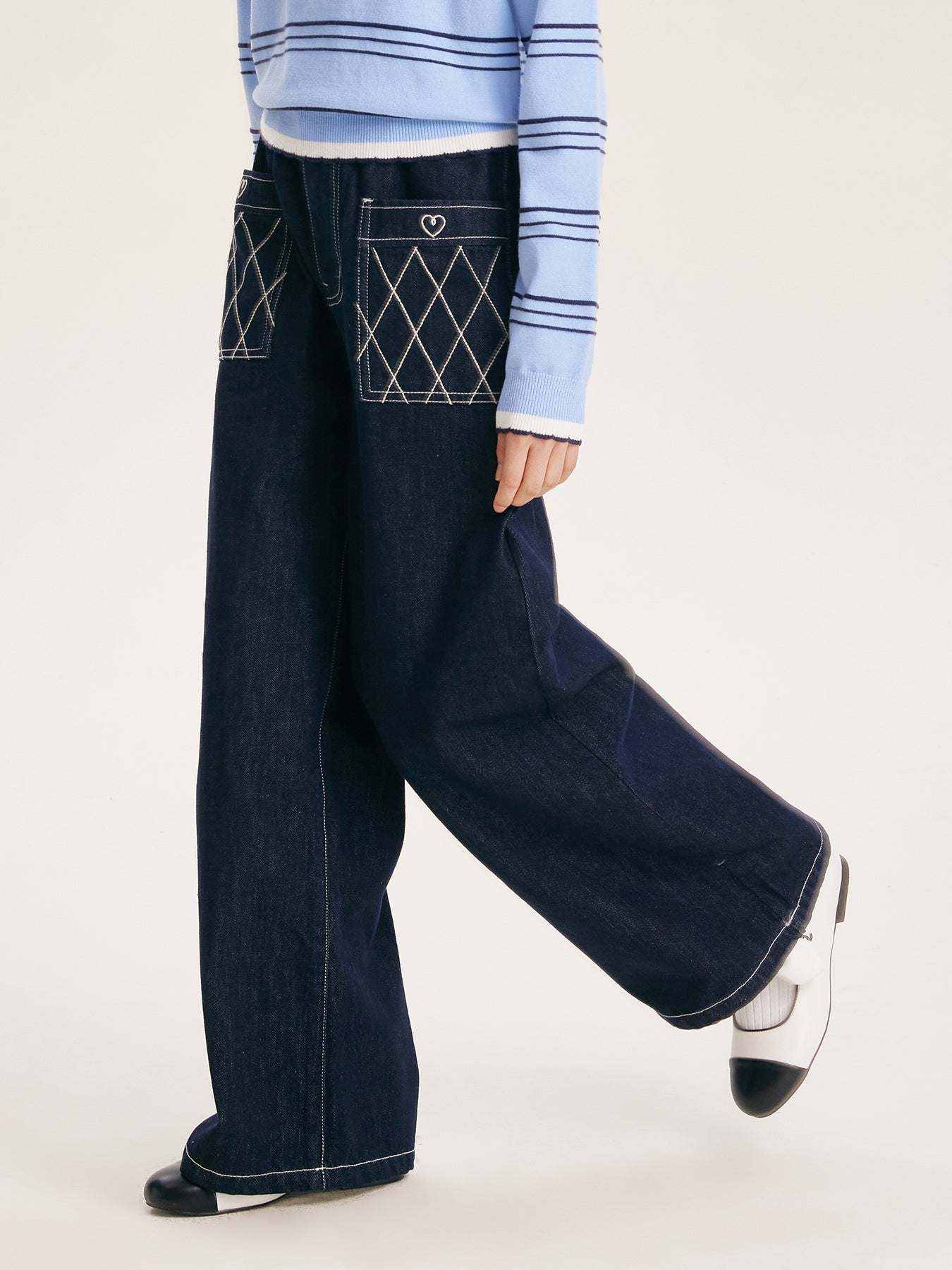 Girls' Wide Leg Denim Pants Dark Blue Casual Jeans