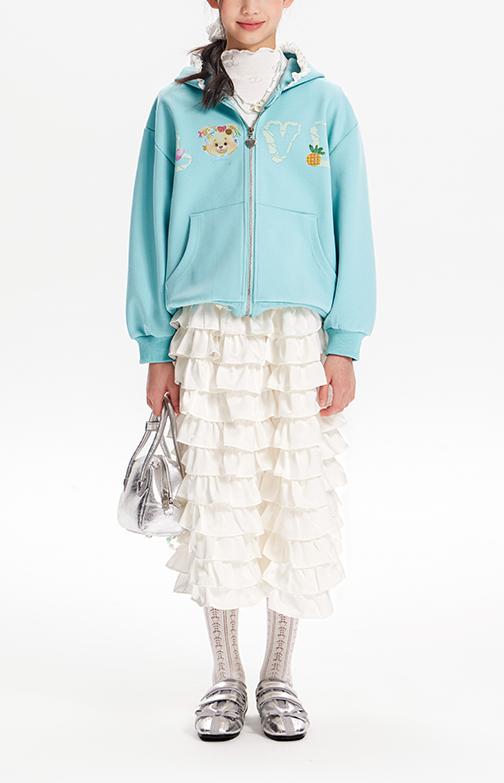 Girls Cartoon Hoodie and Lace Trim Shorts Two-Piece Set