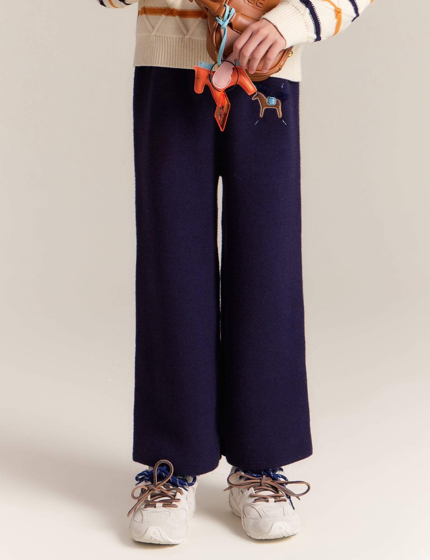 Girls Wide Leg Knit Pants with Cute Embroidery