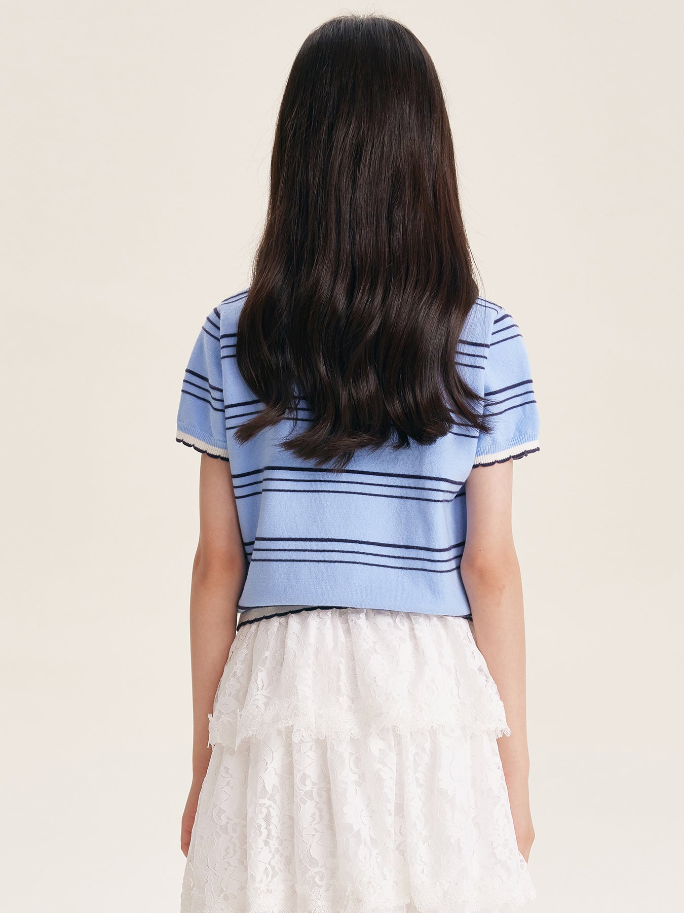 Girls Cartoon Cat Knit Top Short Sleeve Blue Tee