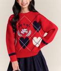 Girls Red Knit Sweater with Heart Embroidery Pullover
