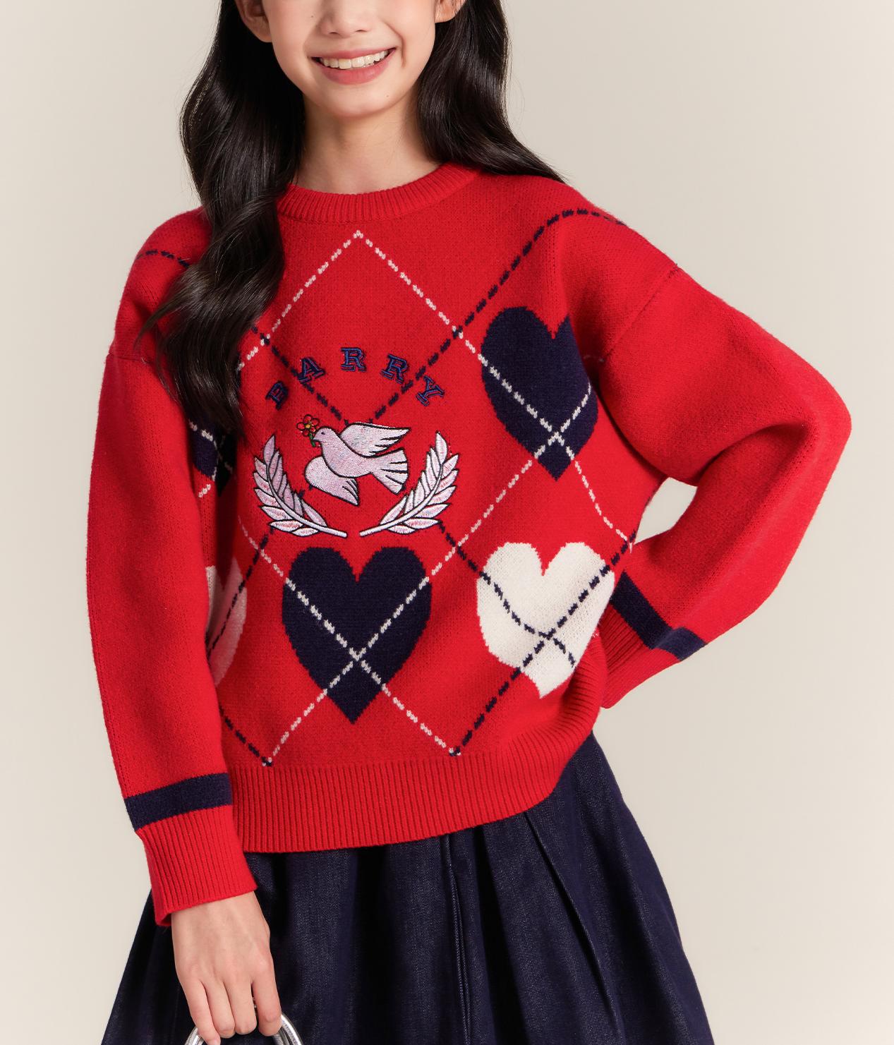 Girls Red Knit Sweater with Heart Embroidery Pullover