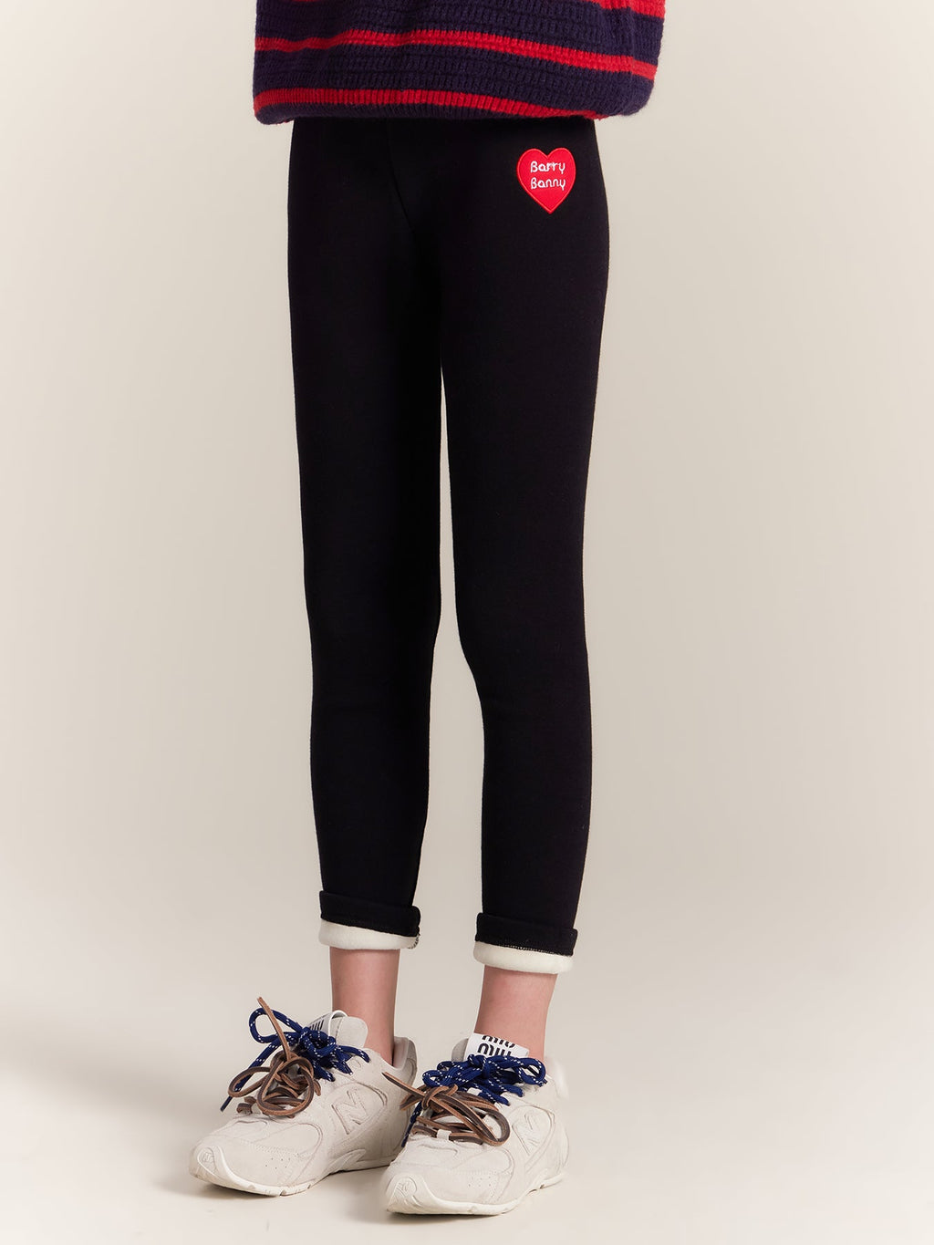 Girls Fleece Lined Black Leggings with Heart Patch