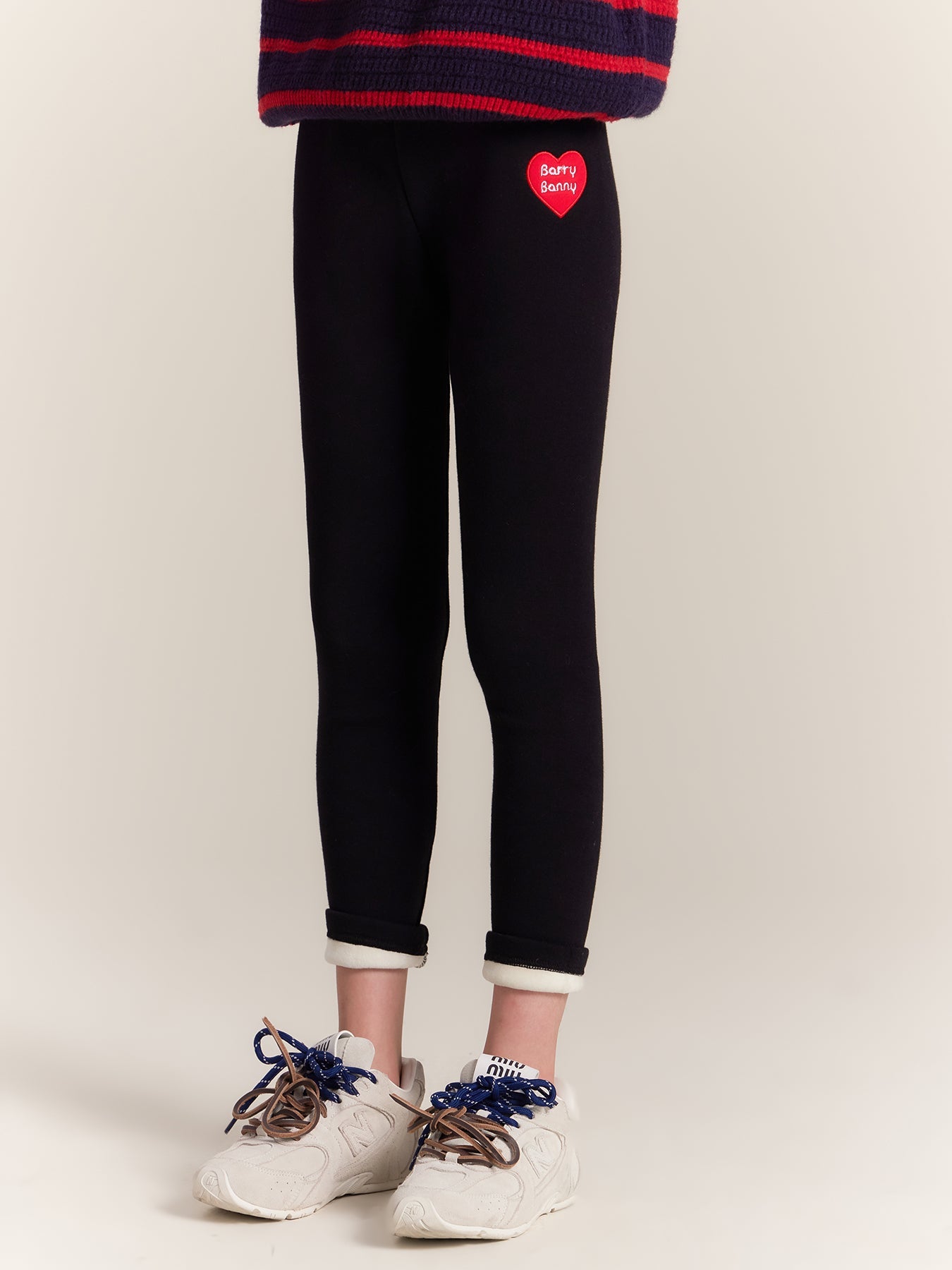 Girls Fleece Lined Black Leggings with Heart Patch