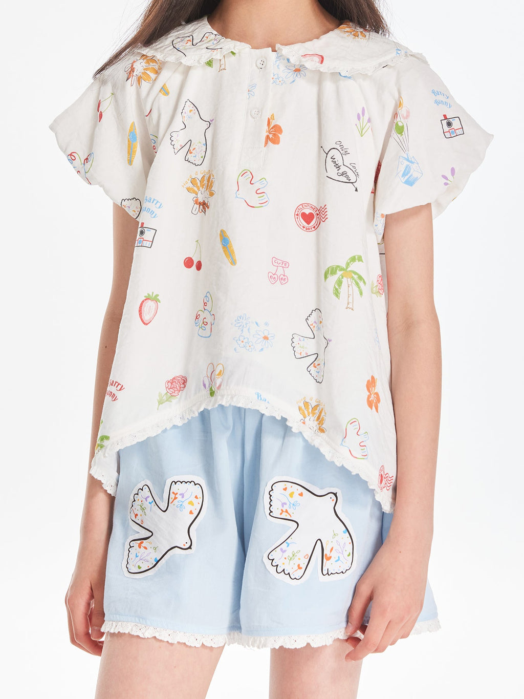 Girls Lace Collar Printed Blouse with Cute Shorts