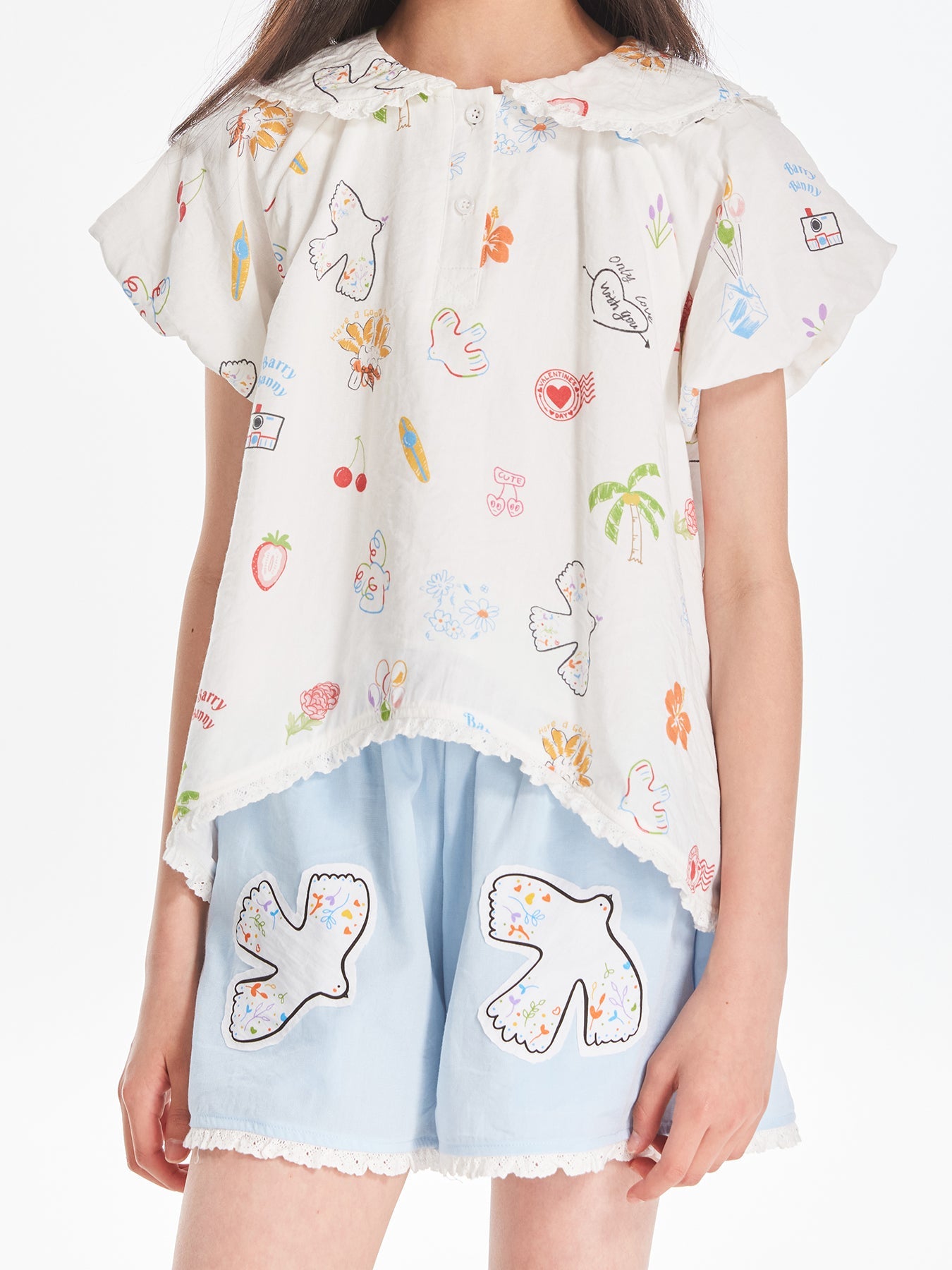 Girls Lace Collar Printed Blouse with Cute Shorts