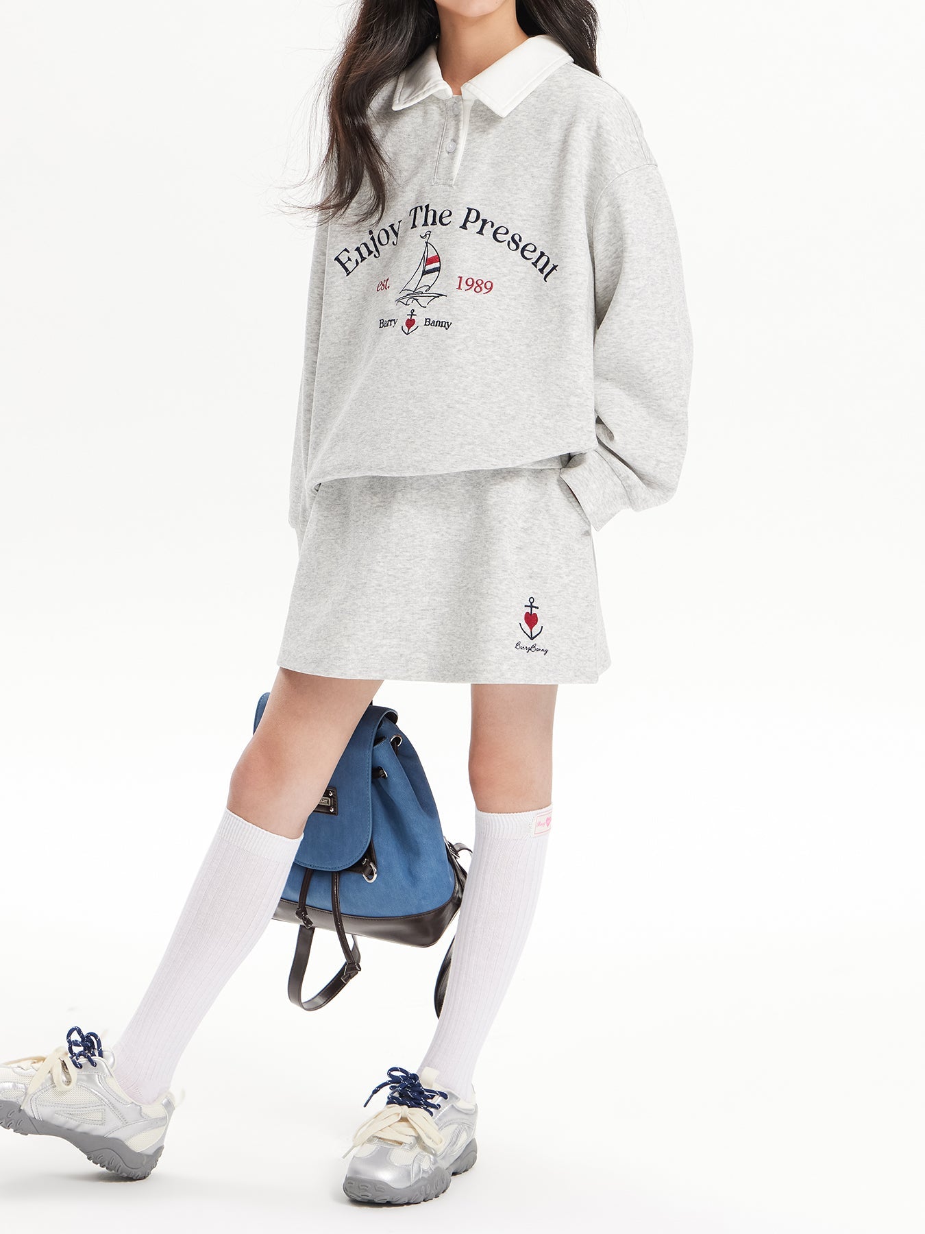 Girls Vintage Polo Sweatshirt & Wide Leg & Skirt Set - Retro Style