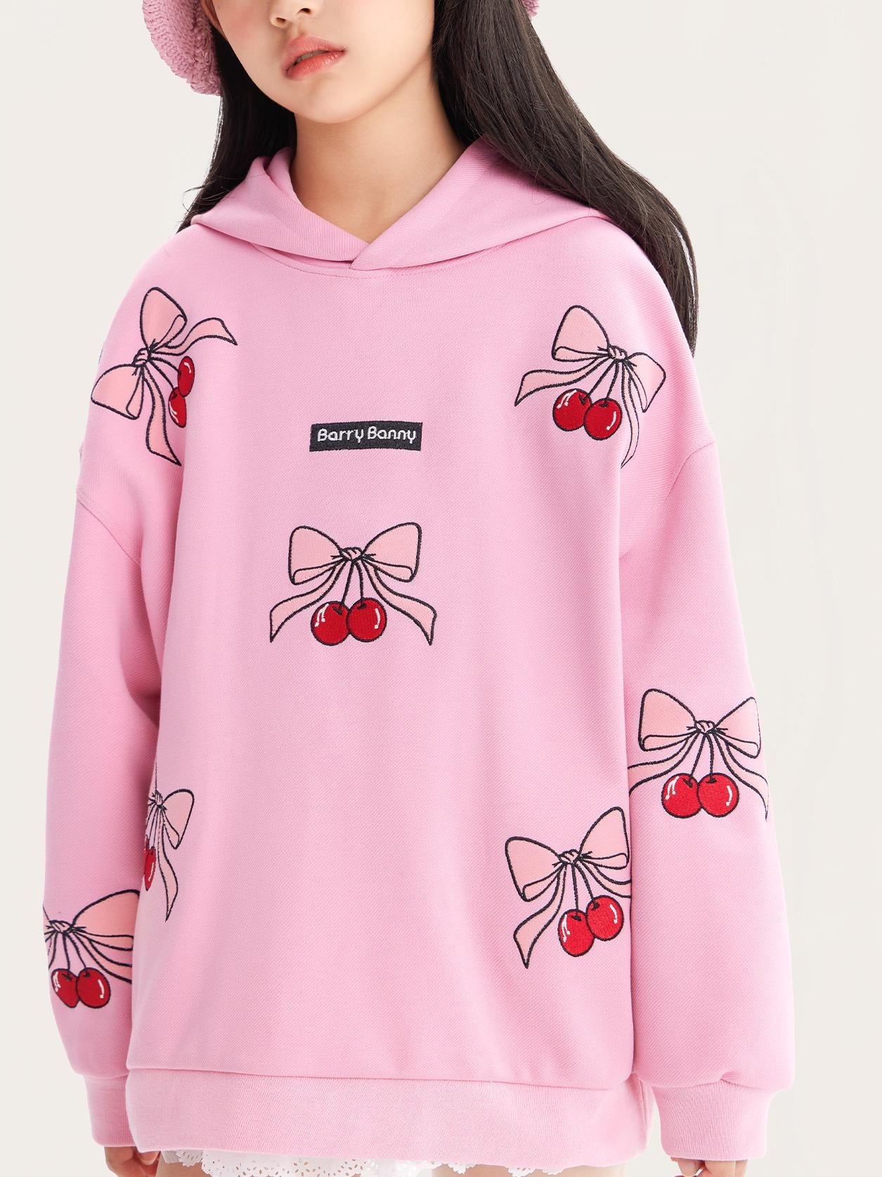 Girls Pink Cherry Hoodie Sweatshirt Casual Loose Fit