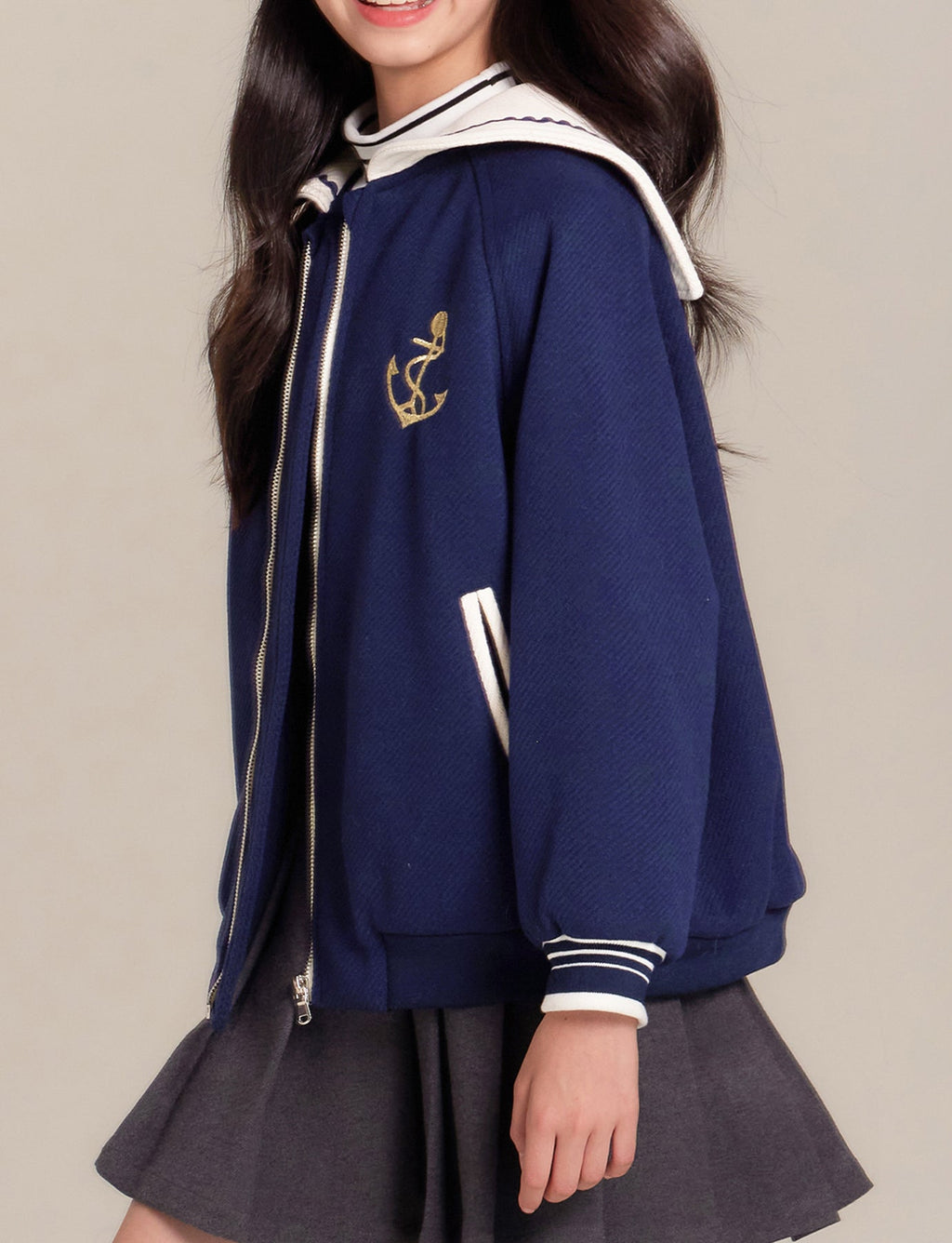 Girls Navy Sailor Collar Jacket Embroidered Casual Coat