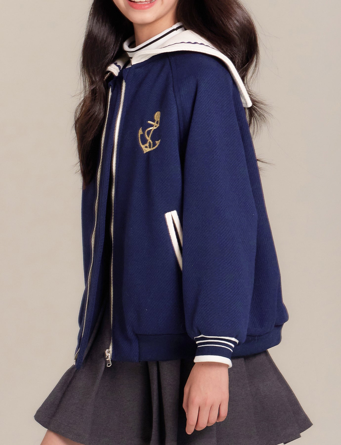 Girls Navy Sailor Collar Jacket Embroidered Casual Coat