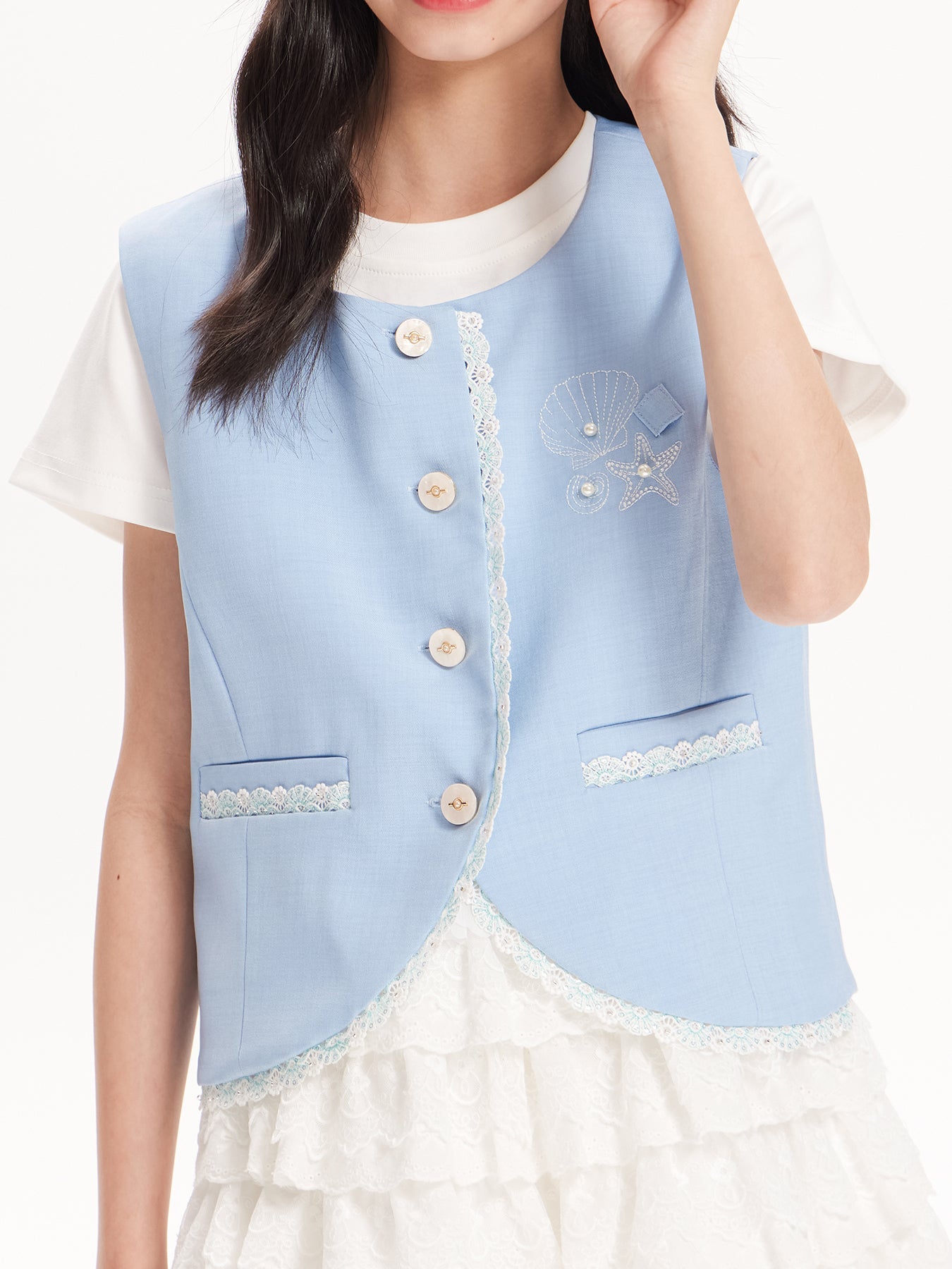 Girls Dolphin Embroidered Lace Trim Sleeveless Vest Top