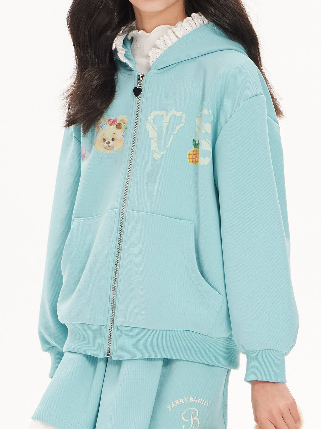 Girls Cartoon Hoodie and Lace Trim Shorts Two-Piece Set