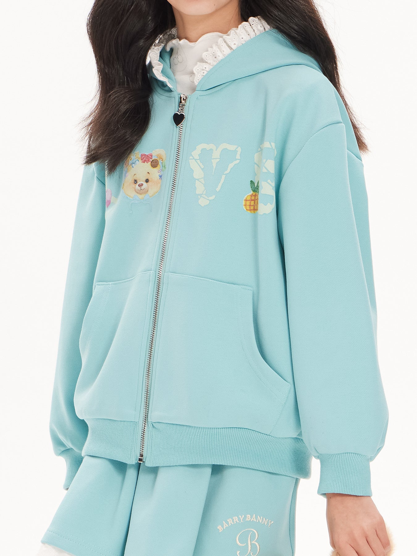 Girls Cartoon Hoodie and Lace Trim Shorts Two-Piece Set