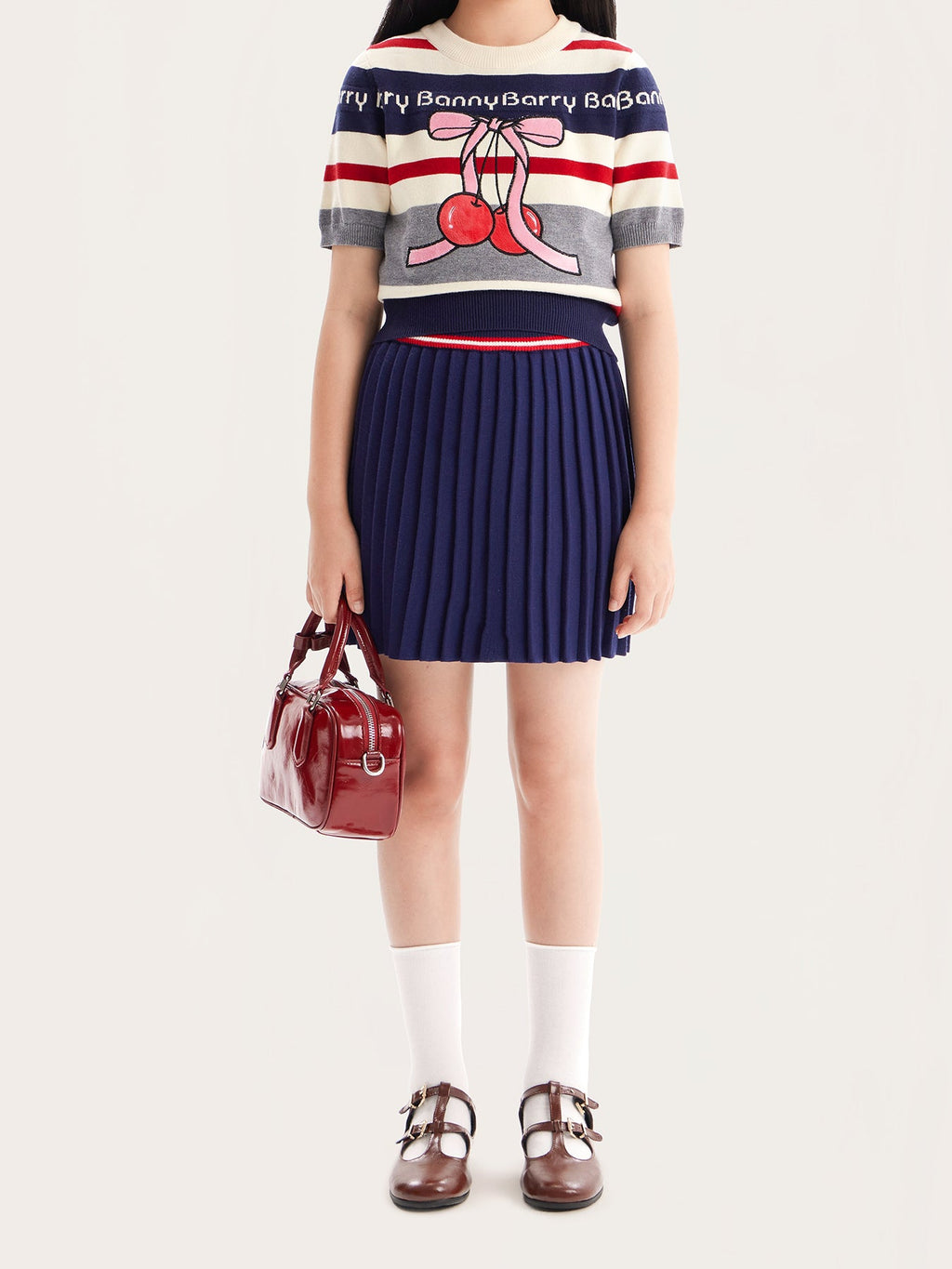 Vintage Striped Cherry Knit Top for Girls - Retro British Style