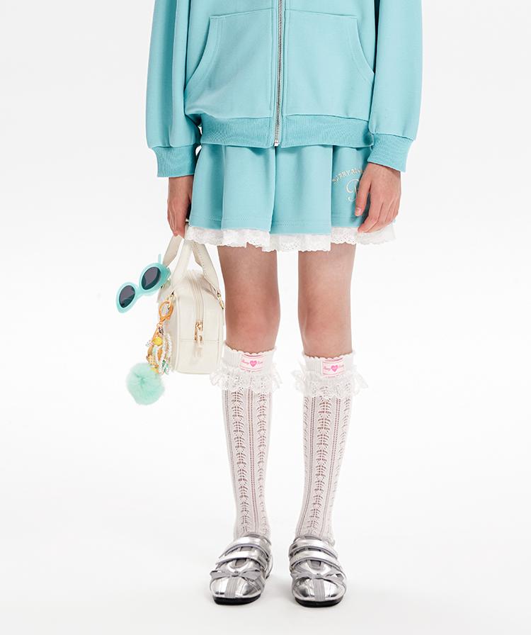 Girls Cartoon Hoodie and Lace Trim Shorts Two-Piece Set