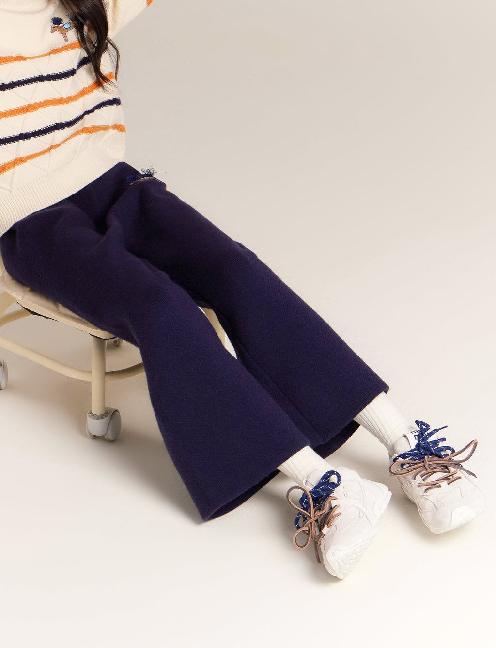 Girls Wide Leg Knit Pants with Cute Embroidery