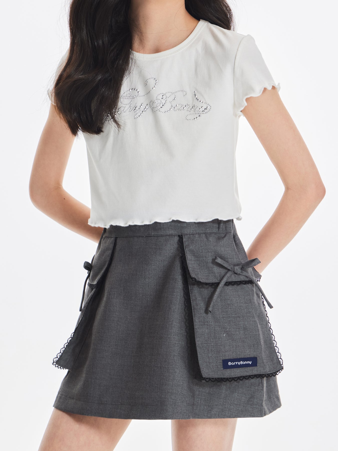 Girls Rhinestone Letter Ruffle Sleeve White T Shirt