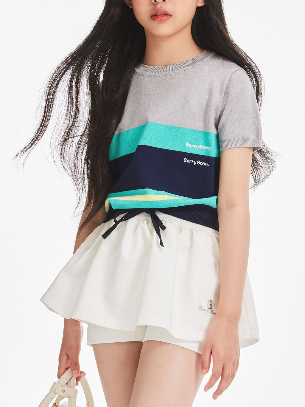 Girls Summer Knit Color Block Crew Neck Short Sleeve Top
