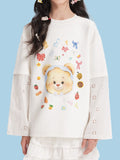 Girls Bear Print Long Sleeve Tee with Lace Patchwork