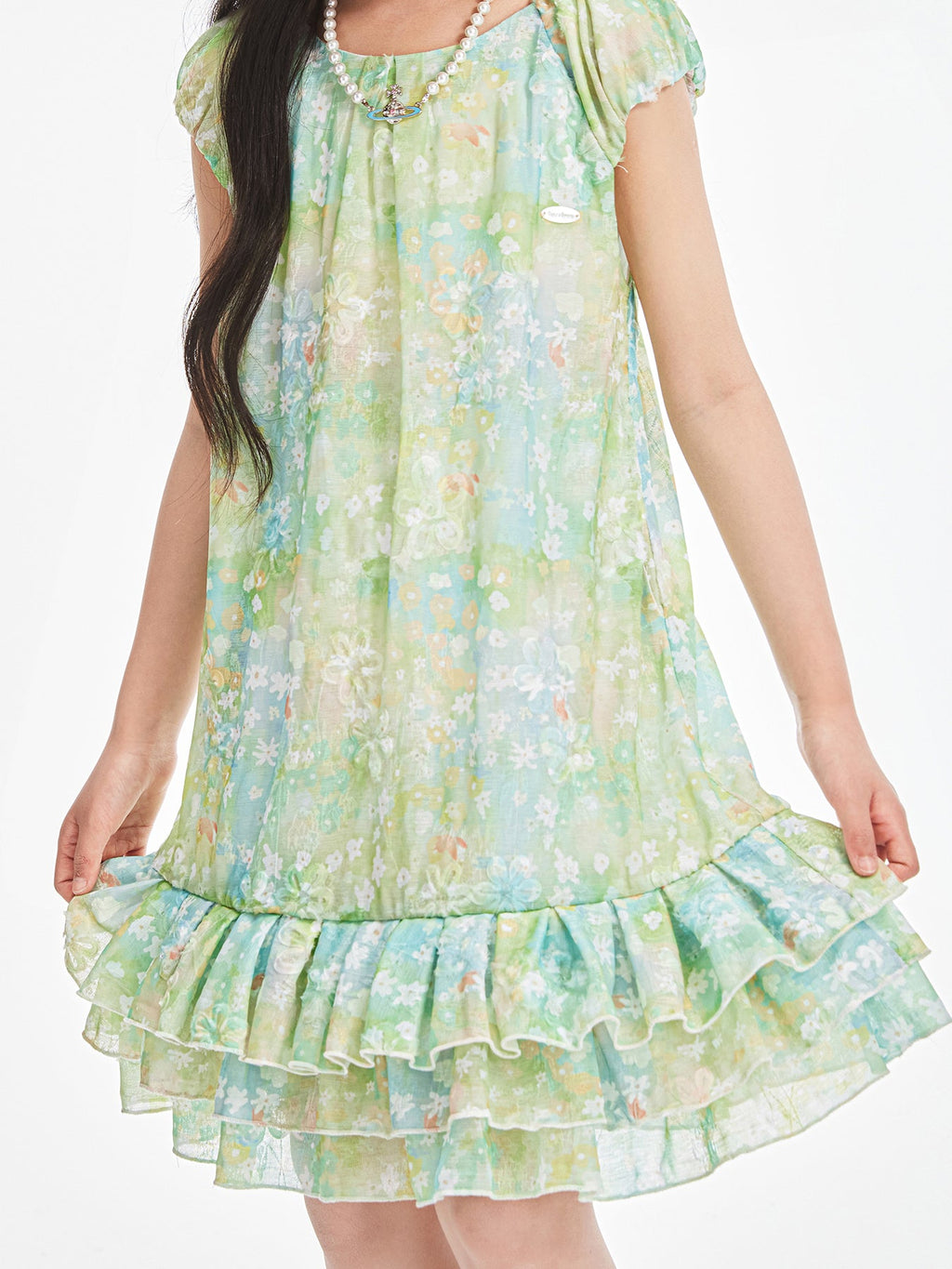 Girls Floral Puff Sleeve Holiday Dress with Scarf