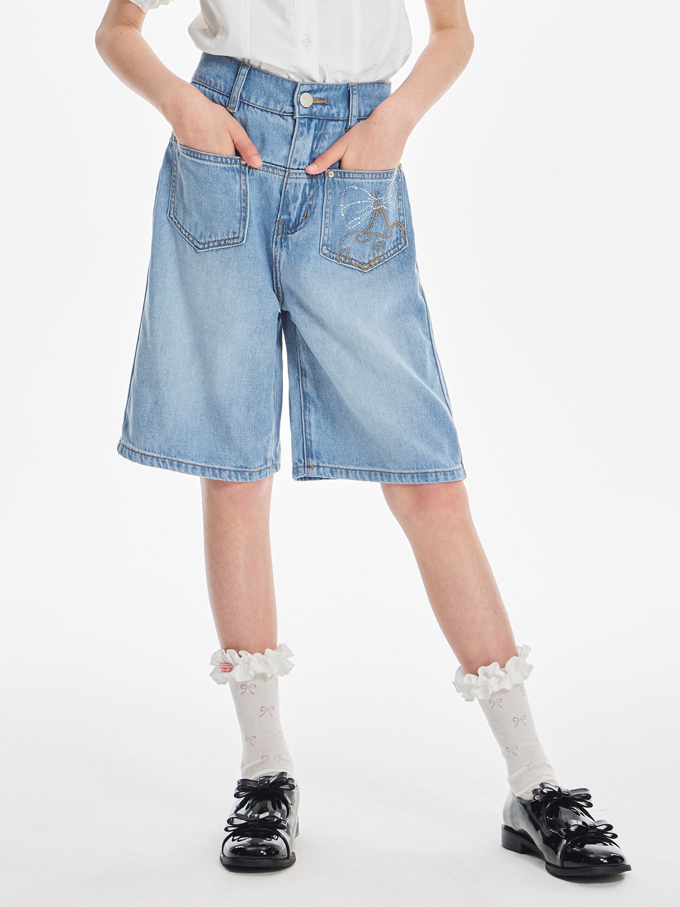 Girls Cherry Embroidered Denim Bermuda Shorts Summer Outfit
