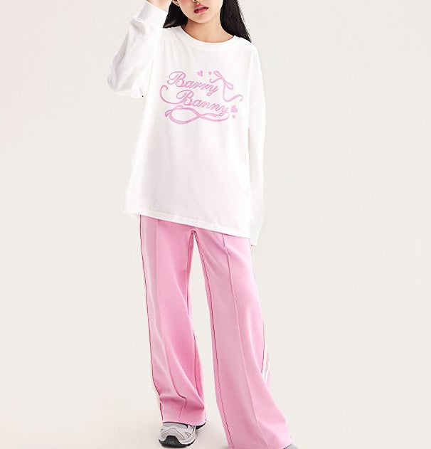 Girls Sweet Print Long Sleeve White Crewneck Tee