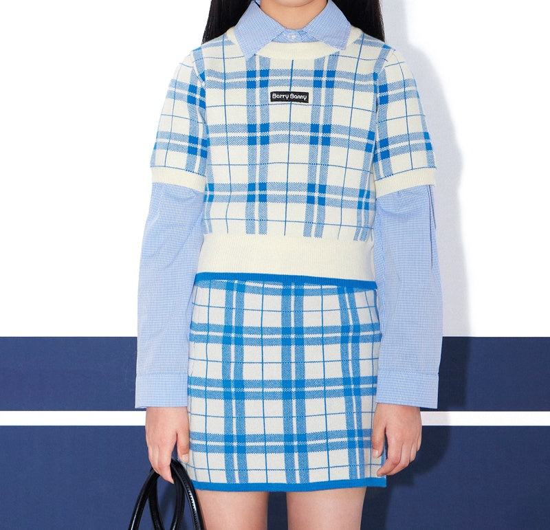 Plaid Blue British Style Kids Knit Top & Skirt Set