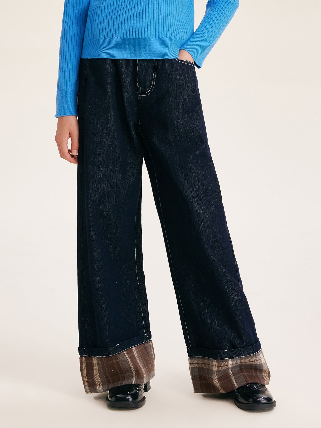Girls' Fashion Wide Leg Pants Casual Plaid Cuff Jeans