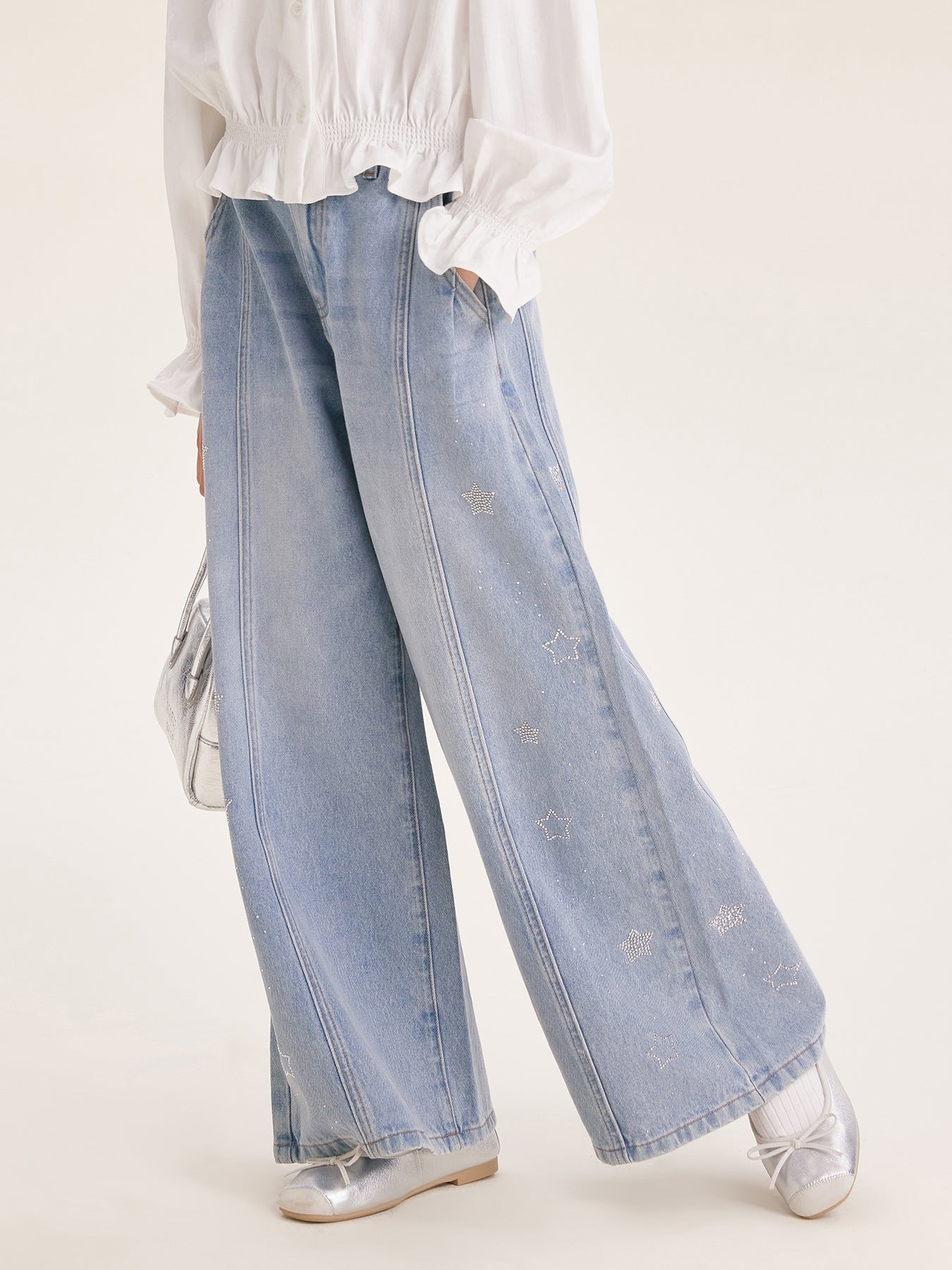 Girl's Wide Leg Star Print Denim Jeans Casual Pants