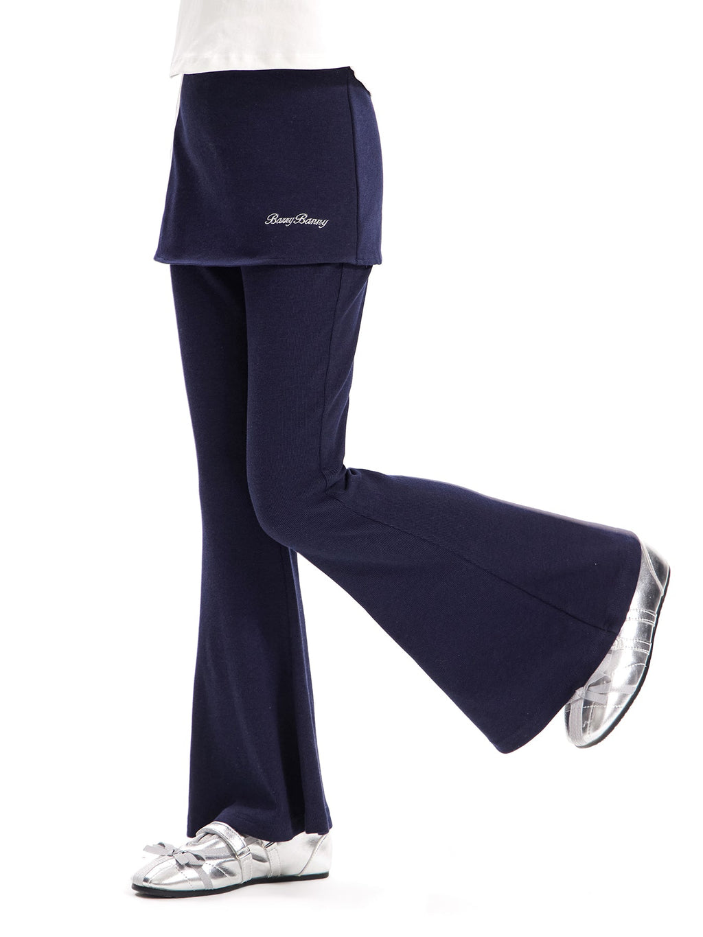 Girls Flared Pants with Skirt Overlay and Logo Embroidery