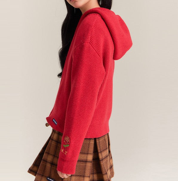 Girls Knit Hoodie with Flower Embroidery