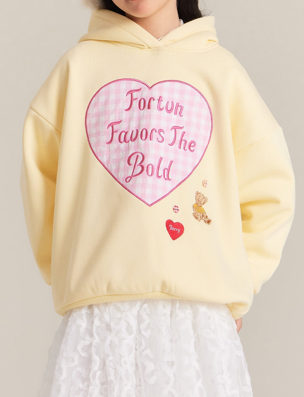Girls Yellow Fleece Lined Hoodie with Heart Graphic Print